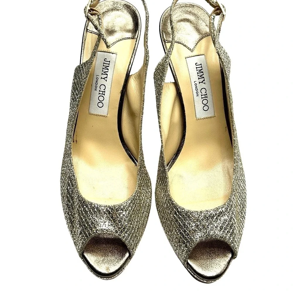 Jimmy Choo Womens Nova Gold Glitter Slingback Heels Peep Toe Size 40 / US 9